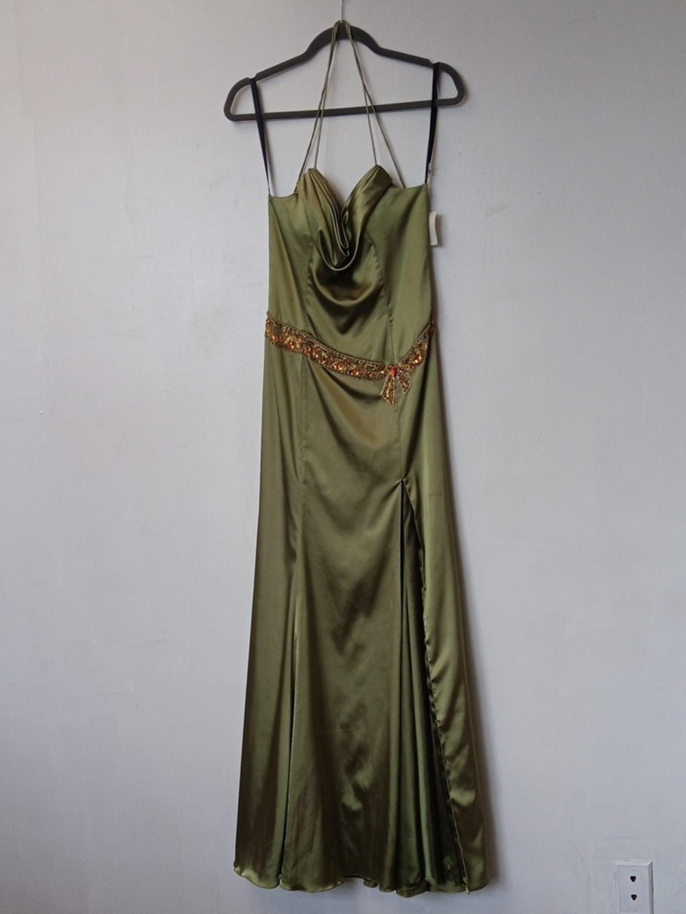 Riva Designs Olive Green Satin Cowl-Neck Maxi Dress with Beaded Waist